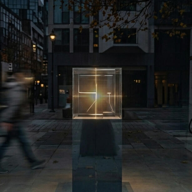 The Moment of Reading Photograph of an illuminated installation seen through a window, evoking the idea of reading as an encounter and a space of attention.